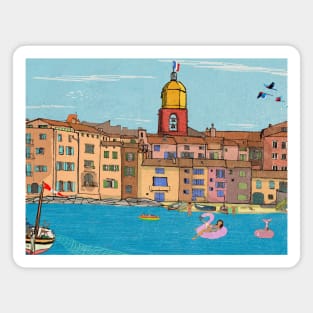 St Tropez Harbour View France Retro Inspired Style Illustration Magnet